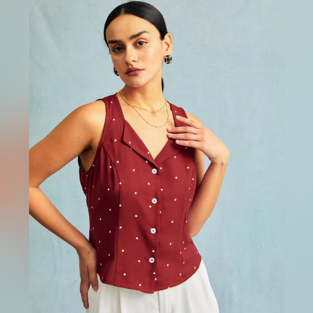 NWT Red V Neck Polka Dot Print Sleeveless Vest - Picture 6 of 7